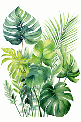Tropical background with palm and monstera leaves 