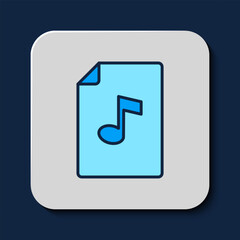 Filled outline Music book with note icon isolated on blue background. Music sheet with note stave. Notebook for musical notes. Vector