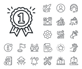 Winner achievement or Award symbol. Salaryman, gender equality and alert bell outline icons. Reward Medal line icon. Glory or Honor sign. Reward line sign. Spy or profile placeholder icon. Vector