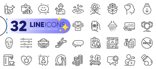 Outline set of Smile chat, Augmented reality and Flash memory line icons for web with Developers chat, Fishing float, Repairman thin icon. Salary, Escalator, Video conference pictogram icon. Vector