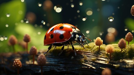  a lady bug sitting on top of a moss covered ground.  generative ai
