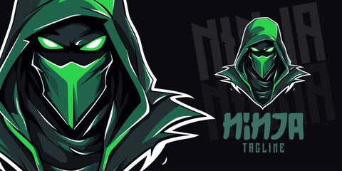 Green Ninja Assassin Mascot: Logo, Mascot, Illustration, Vector Graphic for Sport and E-Sport Gaming Teams, Deadly Ninja Mascot Head  © Giu Studios