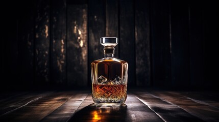  a bottle of whiskey sitting on a wooden table in the dark.  generative ai