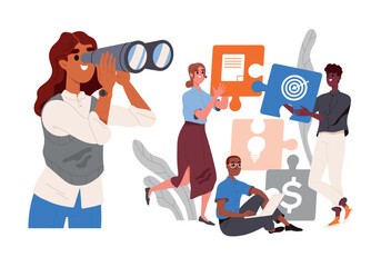 Business cooperation or successful teamwork. Employees with leader work together, develop business strategies. Motivation, achievements and joint success concept. Cartoon flat vector illustration