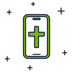 Obraz premium Filled outline Christian cross on mobile phone icon isolated on white background. Church cross. Vector