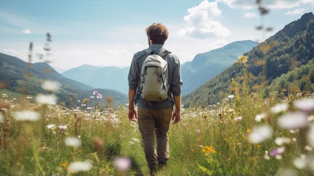 Male hiker, full body, view from behind, standing in a meadow with wildfolwers