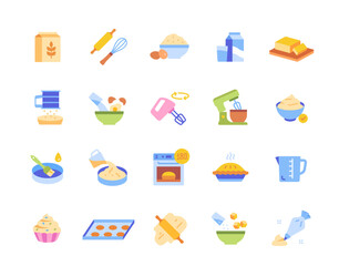 Baking ingredients icons set. Cookware and kitchen utensils. Cooking and bakery stickers, egg and butter, kuksu and pie, cookies and flour. Cartoon flat vector collection isolated on white background