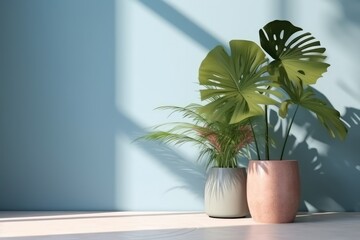 Shadows cast on a pastel room wall with tropical summer sunlight