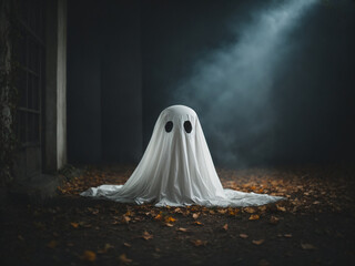 Spooky Little Ghost in Dark Foggy Room