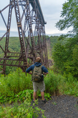 Kinzua state forest bridge Pennsylvania, visitor hiker viewing the landscape state forest, copy space, adventure, overcast day, autumn season weather.
