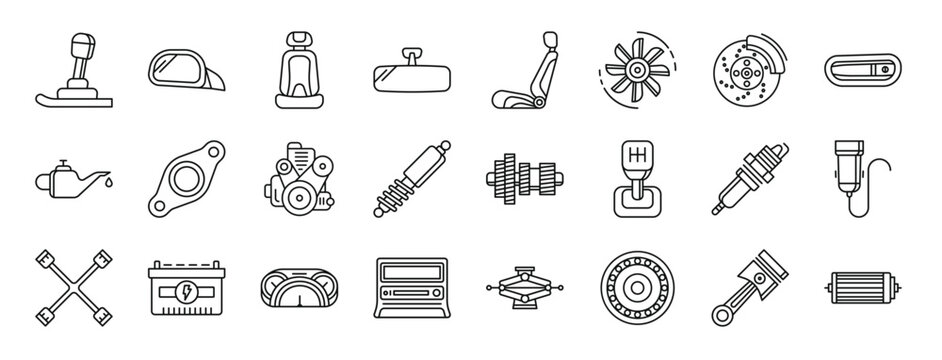 set of 24 outline web car parts icons such as gear shift, side mirror, car seat, rear mirror, car seat, fan, brake vector icons for report, presentation, diagram, web design, mobile app