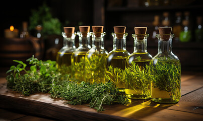 Bottles with oil, herbs on a table on a dark background. - obrazy, fototapety, plakaty