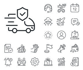 Car risk coverage sign. Salaryman, gender equality and alert bell outline icons. Transport insurance line icon. Delivery protection symbol. Transport insurance line sign. Vector