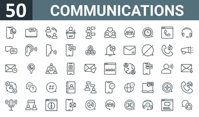 set of 50 outline web communications icons such as message, chat box, change, public speaking, dialogue, empathy, chat vector thin icons for report, presentation, diagram, web design, mobile app.