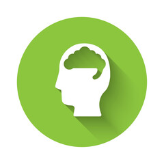 White Human brain icon isolated with long shadow. Green circle button. Vector