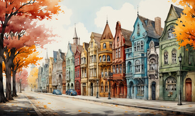 Watercolor drawing, architectural houses in the autumn cityscape.
