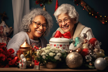 Happy couple of senior women celebrating Christmas together.