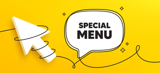 Special menu tag. Continuous line chat banner. Kitchen food offer. Restaurant menu. Special menu speech bubble message. Wrapped 3d cursor icon. Vector