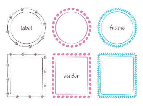 Doodle frames, border Set. Hand drawn paint brush scribble line strokes, blue marine, pink tones color. Circle wreath, square geometric shapes. Empty outline frame for text space