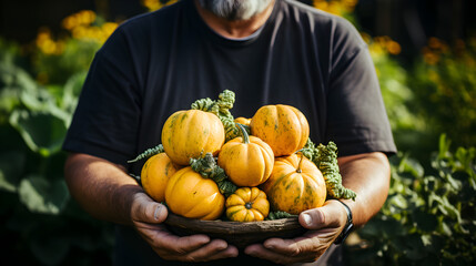 The harvest of pumpkins in the hands of the farmer