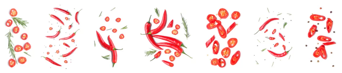  Set of hot chili pepper on white background, top view © Pixel-Shot