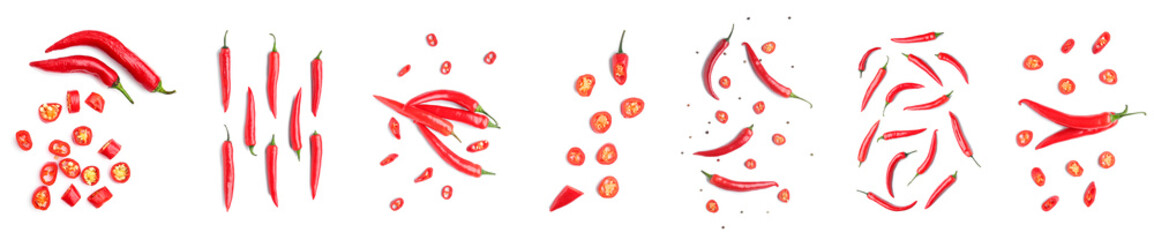 Set of hot chili pepper isolated on white, top view