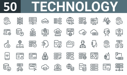 set of 50 outline web technology icons such as fingerprint, database, server, cloud computing, database storage, internet, server vector thin icons for report, presentation, diagram, web design,