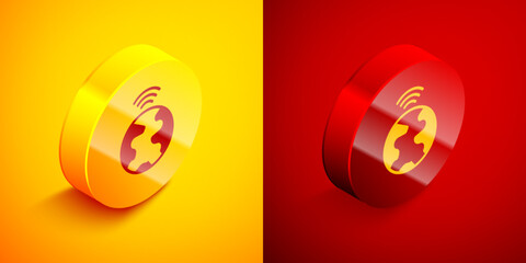 Isometric Global technology or social network icon isolated on orange and red background. Circle button. Vector