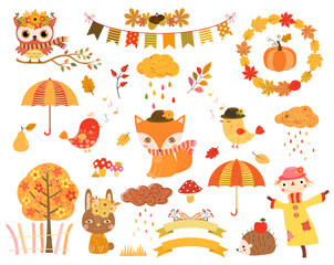 Cute vector set with autumn woodland animals - fox, owl, bunny, hedgehog, birds and scarecrow for fall and Thanksgiving kids designs and baby shower invitations - 640832170