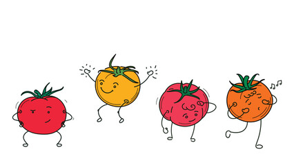 Set of vector stickers with tomatoes. The ordered stylized characters in various poses isolated from the background.