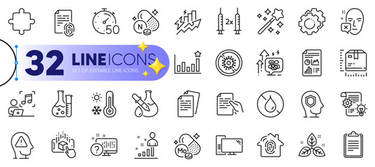 Outline set of Consumption growth, Psychology and Hold document line icons for web with No waterproof, Stats, Face declined thin icon. Fair trade, Mental health, Music pictogram icon. Vector