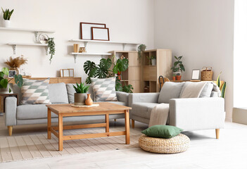 Interior of light living room with sofas and Monstera houseplant