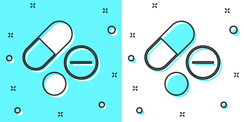 Black line Medicine pill or tablet icon isolated on green and white background. Capsule pill and drug sign. Pharmacy design. Random dynamic shapes. Vector