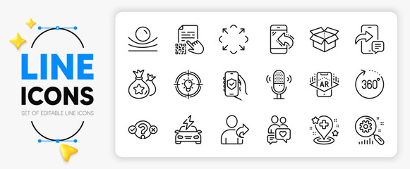 Microphone, Incoming call and Loyalty points line icons set for app include Car charging, Idea, Quiz test outline thin icon. Dating chat, Augmented reality, Refer friend pictogram icon. Vector