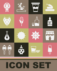 Set Popsicle ice cream, Huehuetl, Tequila bottle, Mexican drum, Corn, Poncho, skull and and glass icon. Vector