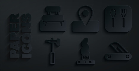 Set Campfire, Fork and spoon, Hammer, Swiss army knife, Location for camping and Bench icon. Vector