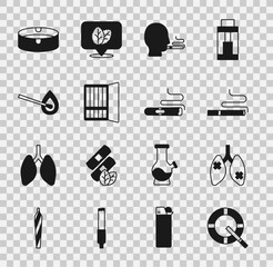 Set Ashtray with cigarette, Disease lungs, Cigarette, Man smoking, case, Burning match fire, and icon. Vector