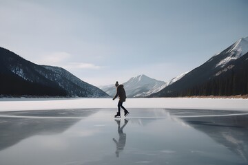 A figure skater, a man skates on the ice of a frozen lake with a view of the snow-capped mountains. - obrazy, fototapety, plakaty