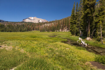 King's Creek running through green meadow with Lassen Peak in background at Lassen Volcanic National Park, California