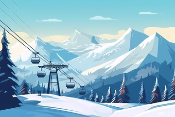 Illustration of an empty ski lift against a background of snowy slopes and a blue sky. Winter landscape of a ski resort. Winter sports during holidays