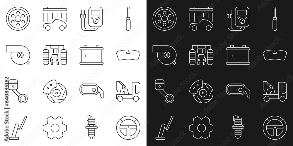 Poster Set line Steering wheel, Tow truck, Windshield, Multimeter, Car wash, Automotive turbocharger, Alloy and battery icon. Vector