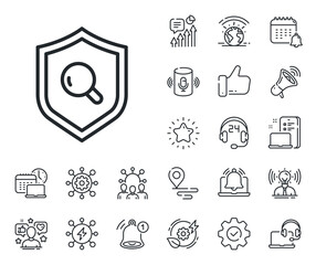 Quality research sign. Place location, technology and smart speaker outline icons. Inspect line icon. Verification shield symbol. Inspect line sign. Influencer, brand ambassador icon. Vector