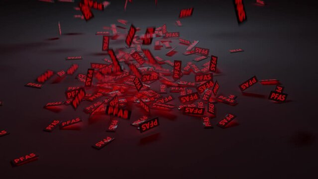 Abstract 3D render animation. PFAS words falling from top.