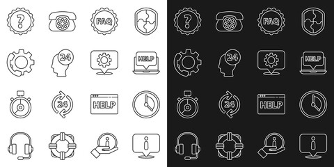 Set line Information, Time Management, Laptop and help, Label with text FAQ, Support operator in touch, Telephone 24 hours support, Question mark and Location gear icon. Vector