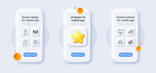 Shampoo, Update time and Laureate award line icons pack. 3d phone mockups with star. Glass smartphone screen. Road banner, Receive file, Orange web icon. Lock, Gifts pictogram. Vector