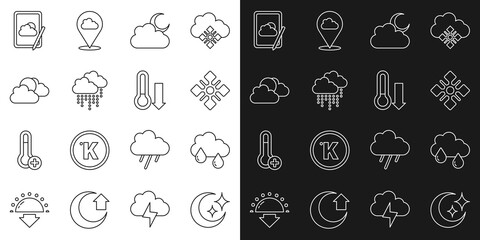 Set line Moon and stars, Cloud with rain, Snowflake, moon, Sun cloud weather, Weather forecast and Meteorology thermometer icon. Vector