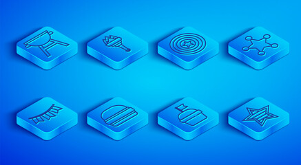 Fototapeta premium Set line Barbecue grill, Torch flame, American star shield, Burger, Cake, Hexagram sheriff, Carnival garland with flags and USA Independence day icon. Vector