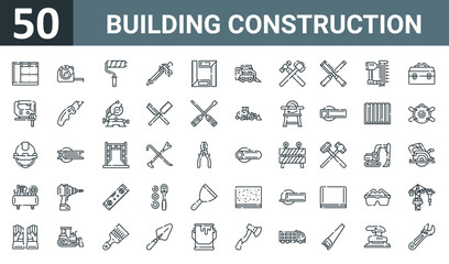 set of 50 outline web building construction icons such as drywall, tape measure, paint roller, caulk gun, ruler, skid steer loader, crossed hammers vector thin icons for report, presentation, - obrazy, fototapety, plakaty