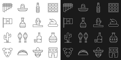 Set line Huehuetl, Tequila bottle, Snake, Tabasco sauce, Mexico flag, Pan flute and Cactus icon. Vector