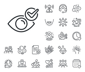 Oculist clinic sign. Online doctor, patient and medicine outline icons. Check eye line icon. Optometry vision symbol. Check eye line sign. Veins, nerves and cosmetic procedure icon. Intestine. Vector